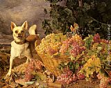 Ferdinand Georg Waldmuller A Dog By A Basket Of Grapes In A Landscape painting